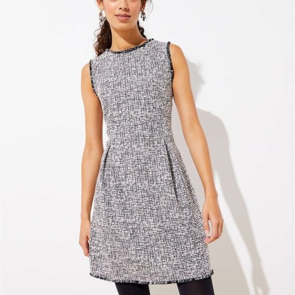 Loft Black White Shimmer Tweed Boucle Knit Sleeveless Short Dress 2 NWT
